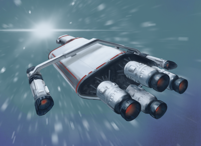 A digital painting of a fictional spacecraft with stars moving by quickly