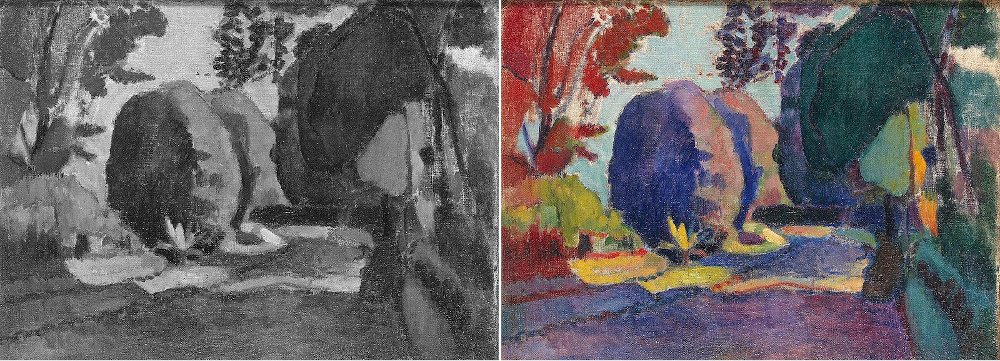 Luxembourg Gardens, by Matisse, shown in black and white and then in color